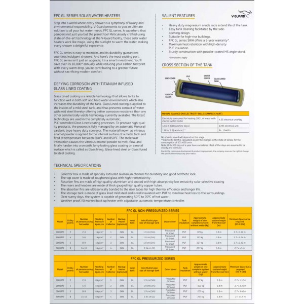 200 LPD FPC GL Pressurized V-Guard Solar Water Heater: 5 years warranty 200 LPD FPC GL Pressurized V-Guard Solar Water Heater: 5 years warranty