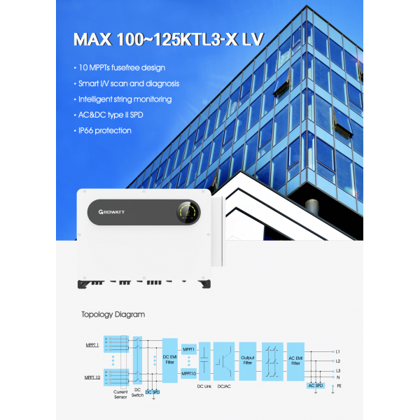 Growatt 100 kwatt, 3 Phase MAX 100KTL3 LV on-Grid Solar Power Inverter